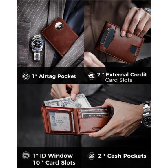 Bifold Full Grain Leather AirTag Wallet for Men, Minimalist Front Pocket Wallet - Picture 3 of 7
